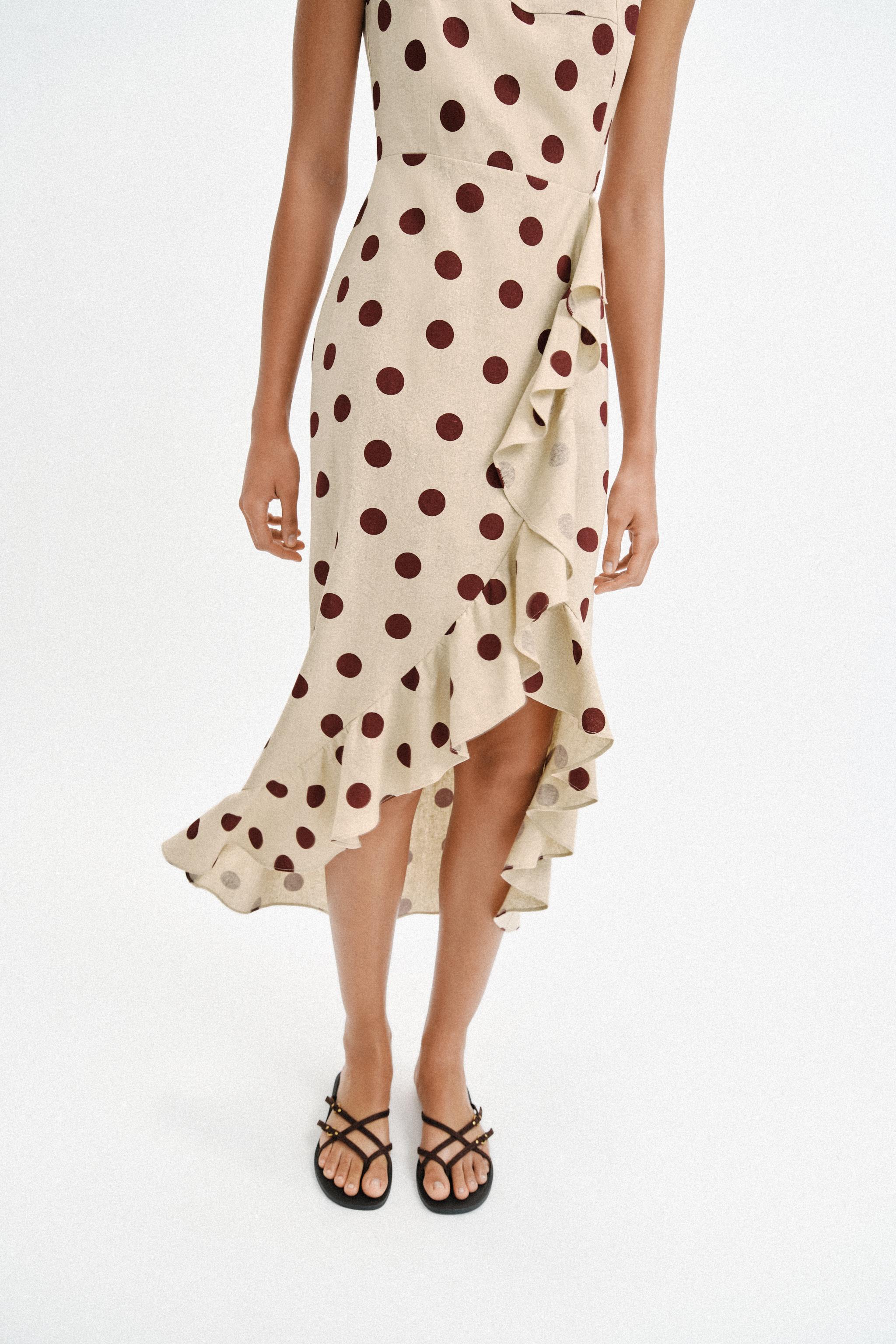 LINEN BLEND POLKA DOT MIDI DRESS
